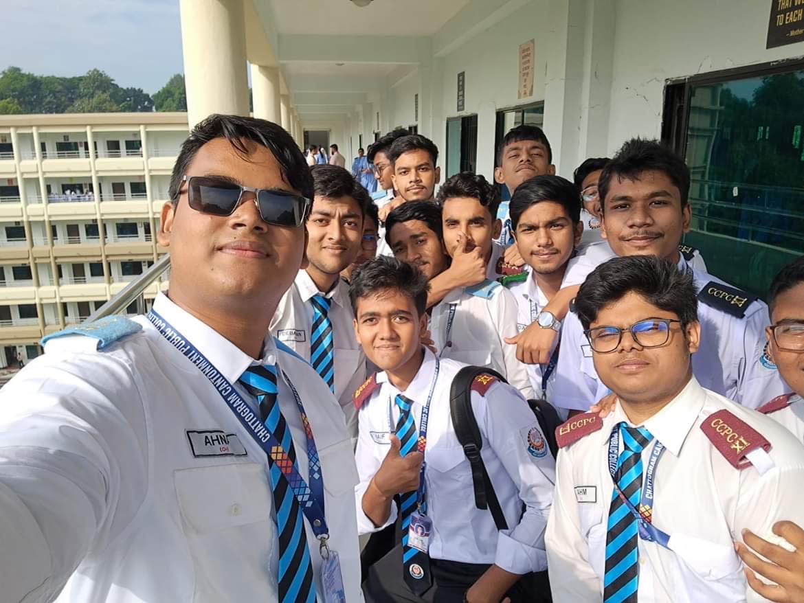 CU campus corridor · the whole tour group, Chittagong University